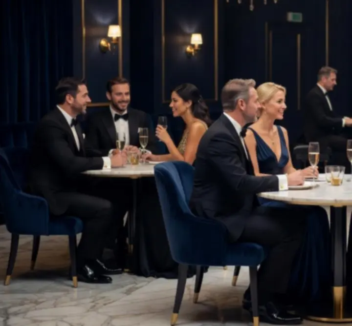 Atmospheric casino-style restaurant with skyline-inspired lighting and moody interiors.