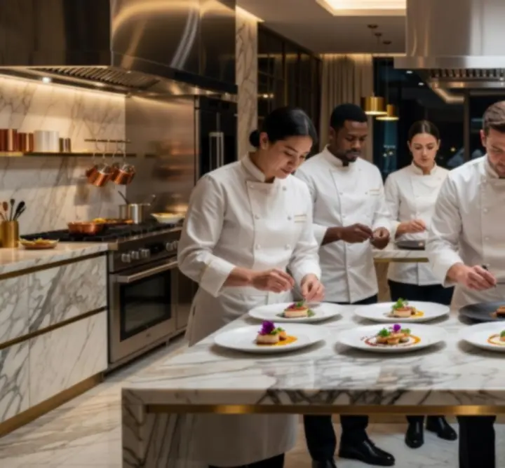Chef team at work plating gourmet dishes in the Gambit Crown Dining kitchen.