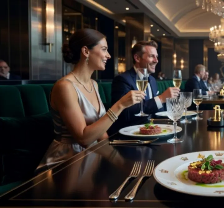 Gallery preview of Gambit Crown Dining showing gourmet dishes, sophisticated interiors, and well-dressed guests.
