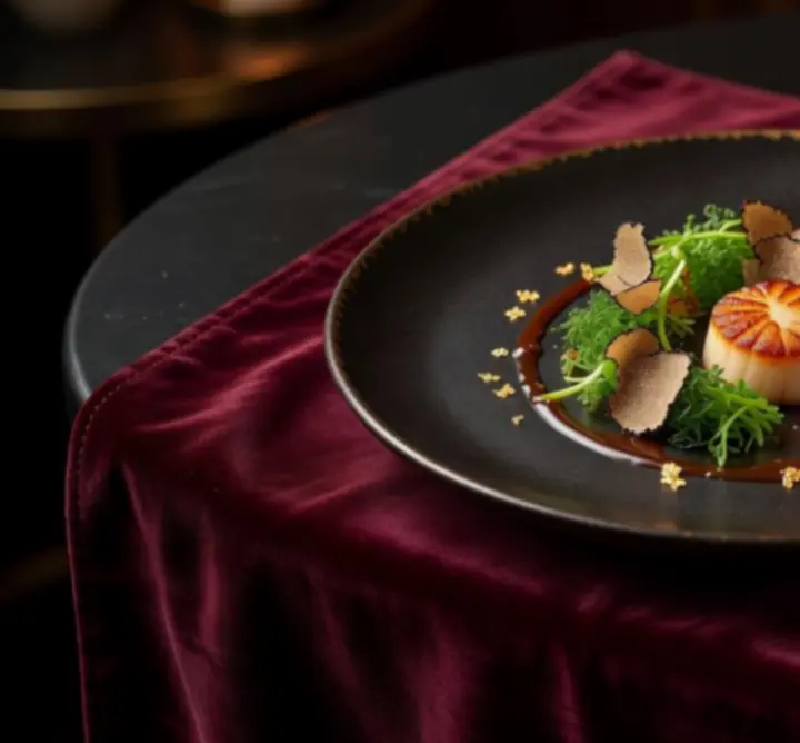 Close-up of a gourmet chef special dish plated on a dark table with gold cutlery and moody lighting.