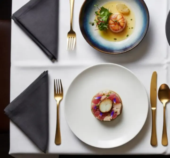 Selection of gourmet fine dining dishes artfully plated on a dark tabletop