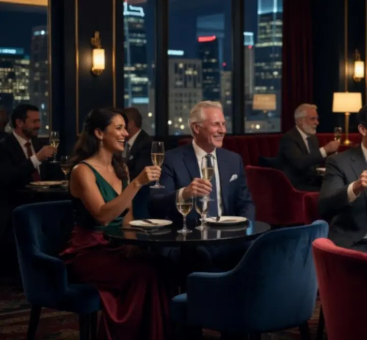 Guests raising glasses in a dimly lit luxury restaurant with city lights glowing in the background.
