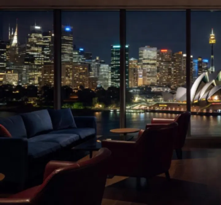 Night view of Sydney skyline from a luxury lounge with floor-to-ceiling windows