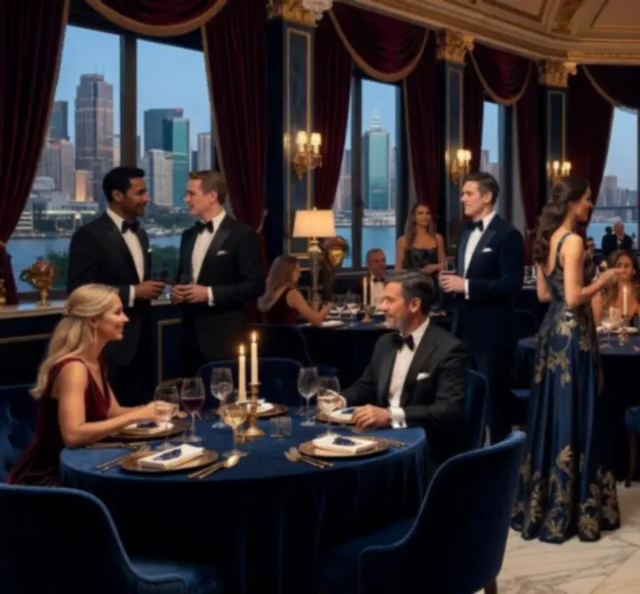 Luxury gala evening at Gambit Crown Dining with candlelit tables and skyline views.