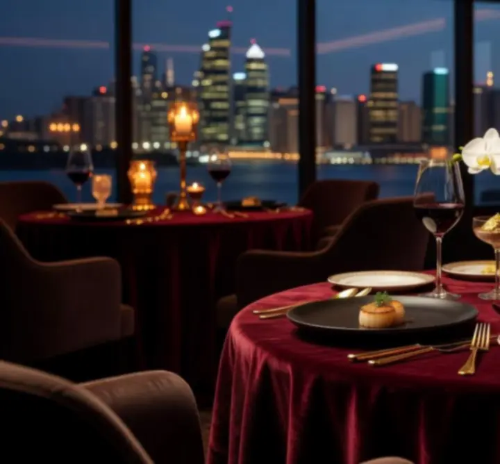 Luxurious gourmet tasting plate presented in a dark, cinematic Sydney dining room
