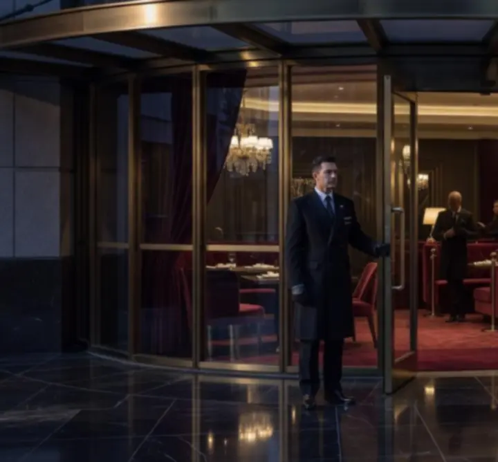 Guests arriving through a luxurious entrance with cinematic lighting at Gambit Crown Dining