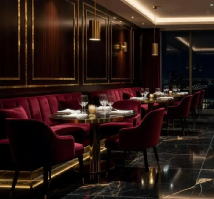 Luxurious Sydney restaurant interior with skyline-inspired lighting and elegant table settings