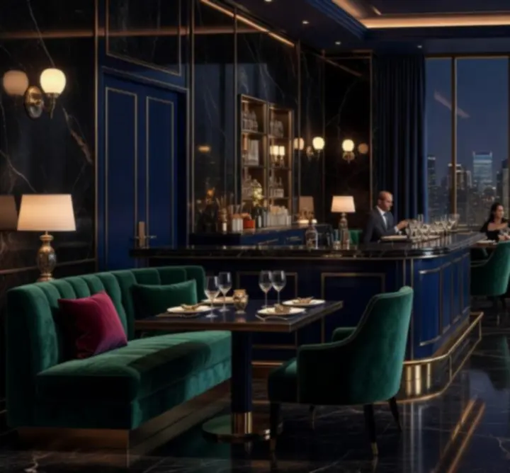 Luxurious restaurant interior at Gambit Crown Dining with candlelit tables and skyline-inspired ambience.