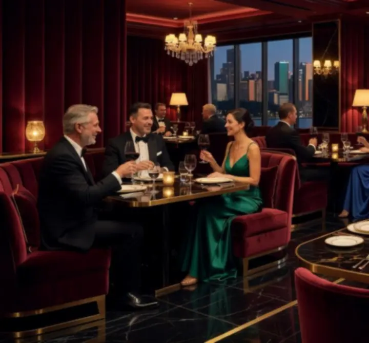 Dimly lit luxury restaurant interior in Sydney with guests dining at candlelit tables and a dramatic skyline-inspired backdrop.