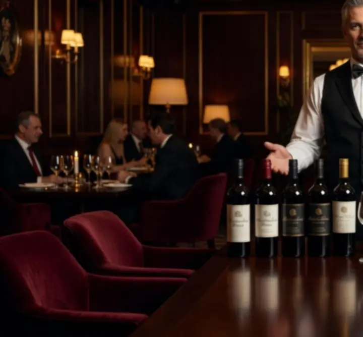 Sommelier pouring red wine in a dark, luxurious Sydney restaurant