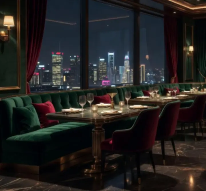Nightlife restaurant interior with velvet seating, gold lighting, and city skyline ambience