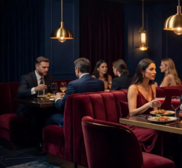 Nightlife ambience at Gambit Crown Dining with moody lighting and luxurious lounge seating.