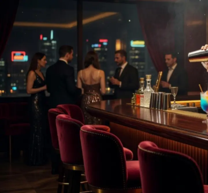Dimly lit cocktail bar with colourful drinks and golden backlighting