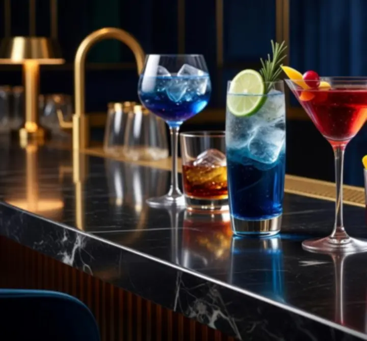 Stylish cocktail bar with illuminated bottles and crafted drinks