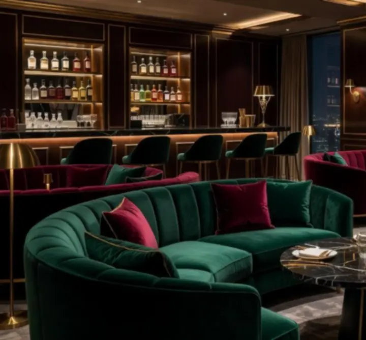 VIP private dining lounge with velvet seating and ambient lighting